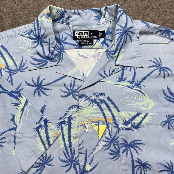 Polo Ralph Lauren Shirt Mens Large Blue Clayton Hawaiian Boat Loop Collar Button - Picture 1 of 7